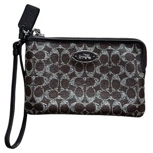 Coach Signature Monogram Wristlet Brown Jacquard Zip Top Small Wallet Wristlet